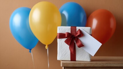 A white gift box with a red ribbon and blank tag sits on a table, surrounded by colorful balloons against a brown background.
