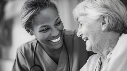 A joyful caregiver sharing a light-hearted moment with a cheerful senior, demonstrating compassion and empathy in healthcare, black and white.