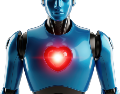 Close up of a sleek blue humanoid robot with a glowing red heart on its chest isolated on a dark background