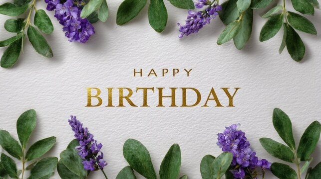 Elegant "Happy Birthday" card with purple flowers and green leaves on textured paper background. - Powered by Adobe