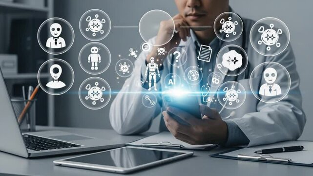Doctor using smartphone with ai icons and laptop and tablet on desk in office setting at daytime