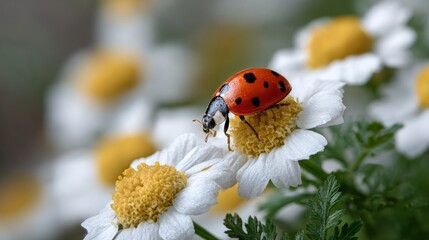 Fototapeta premium A vibrant ladybug crawls on a white daisy flower, highlighting the contrast between its red shell and the flower's delicate petals.