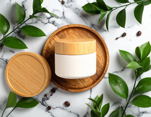Coffee mug on wooden tray surrounded by green leaves, wood slices and pinecones on white background