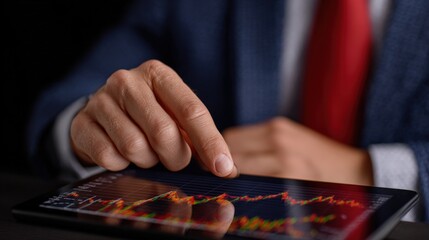 A person in a suit and red tie uses a tablet displaying a colorful financial chart, indicating data analysis or stock market activity.