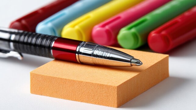 Close-up of a pen on an orange sticky note with colorful highlighters in the background, showcasing office supplies.