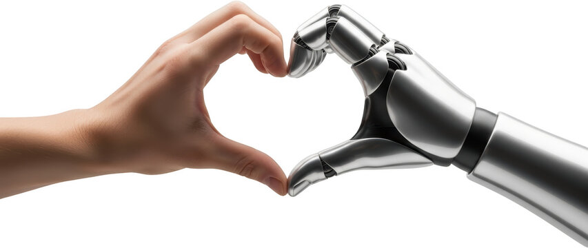 A human hand and a robotic hand unite to form a heart shape on a dark background symbolizing connection