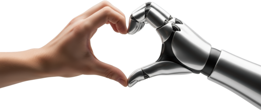 A human hand and a robotic hand unite to form a heart shape on a dark background symbolizing connection - Powered by Adobe