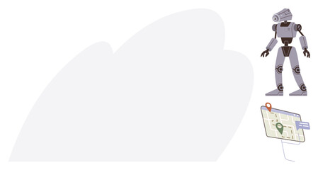 Robot standing next to a digital map screen with a location pin, showcasing technology, innovation, and AI. Ideal for automation, robotics, navigation, future tech, AI concepts digital tools simple