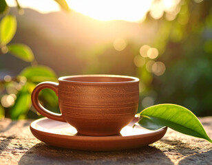 Brown ceramic cup and saucer on stone surface with glowing sunset and fresh green leaves