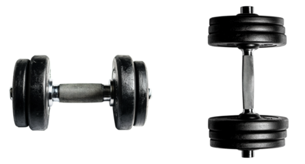 Set of black dumbbells isolated on a transparent background, png, cutout