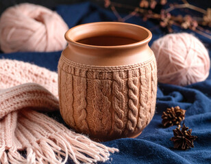 Clay pot wrapped with twine placed on pink knit fabric with yarn, walnuts and soft cozy decor