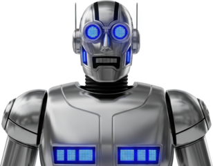 Detailed metallic silver robot featuring glowing blue eyes and illuminated chest panels Artificial intelligence concept