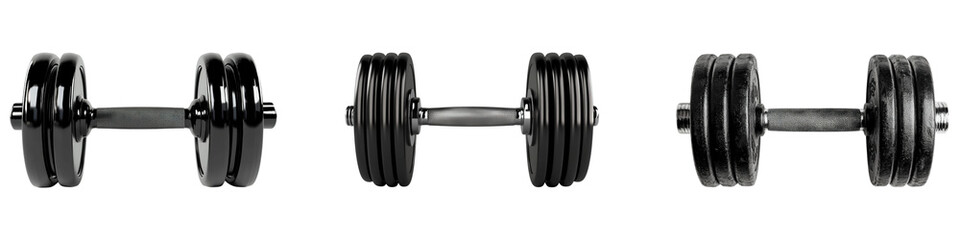 Fototapeta premium Set of black dumbbells isolated on a transparent background, png, cutout