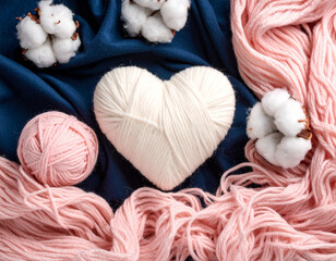 Heart-shaped pink yarn with cotton flowers and ball of yarn on soft blue textile background