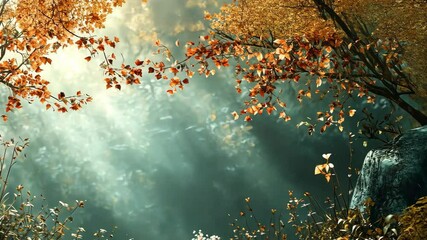 Sunlit autumnal scene, tranquil stream,  golden leaves, dark green foliage