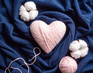 Heart-shaped pink yarn with cotton flowers and ball of yarn on soft blue textile background