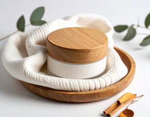 Rolled cotton towel on wooden tray with lid, pinecones and soft natural accents in bright minimal setting