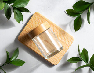 Clear jar with wooden lid placed on a wooden board with fresh green leaves on a bright surface