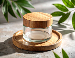 Clear jar with wooden lid placed on a wooden board with fresh green leaves on a bright surface