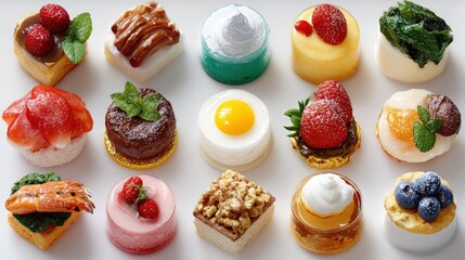 Assorted mini desserts and savory bites arranged in a grid, featuring fruits, nuts, and vibrant toppings on a white background.