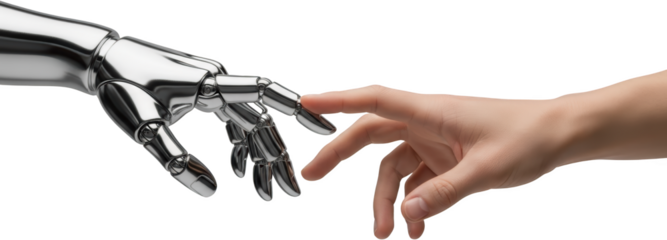Robotic chrome hand and human skin toned hand with fingers touching representing technological collaboration