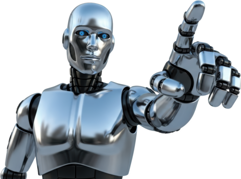 Shiny silver humanoid robot with illuminated blue eyes raises its right hand index finger pointing upwards