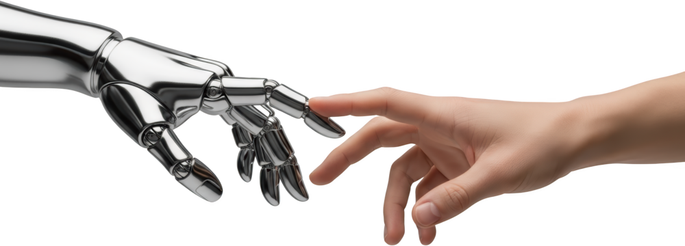Robotic chrome hand and human skin toned hand with fingers touching representing technological collaboration