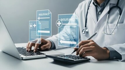 Doctor analyzing insurance documents on a laptop with calculator and pen in a white coat setting - Powered by Adobe