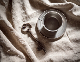 Enamel mug with coffee and antique key on softly lit beige fabric with dried botanical accents