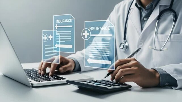 Doctor analyzing insurance documents on a laptop with calculator and pen in a white coat setting