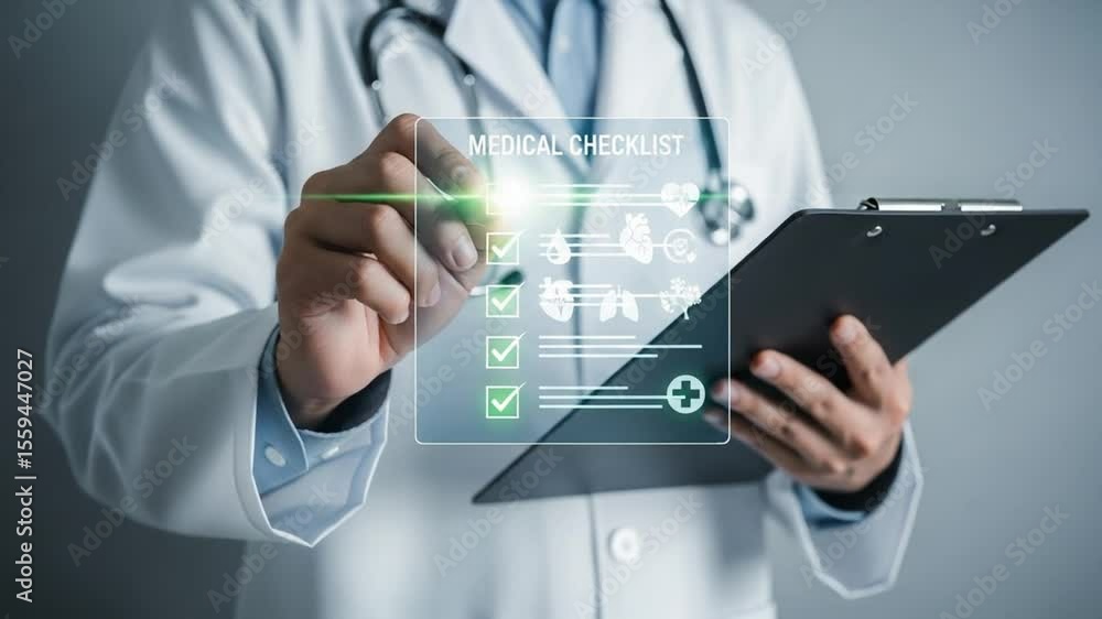 Poster Doctor completing medical checklist on a digital interface with clipboard in hand close up view