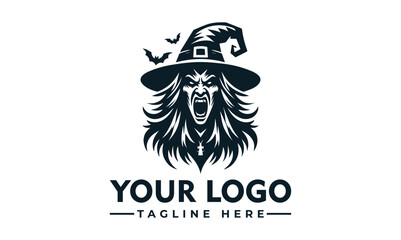 Graphic illustration of a witch wearing a hat, screaming, with bats flying.
