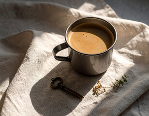 Enamel mug with coffee and antique key on softly lit beige fabric with dried botanical accents