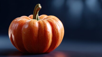 Close-up of a vibrant orange pumpkin with a textured surface and green stem against a dark background, highlighting its autumnal character.