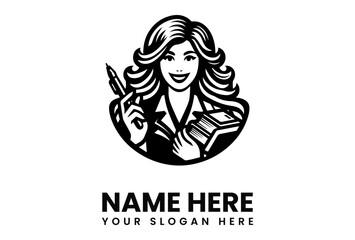 Smiling woman, long hair, holding pen and book, logo design.