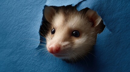 A curious ferret peeks through a hole in blue paper, showcasing its whiskers and playful expression.
