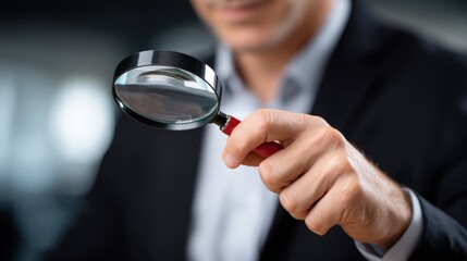 A person in a suit holds a magnifying glass, focusing on details, symbolizing close inspection and analysis in a professional setting.