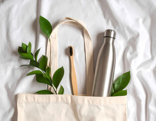 Modern minimal home office desk setup with laptop, coffee cup, notebook, potted plant, neutral beige tones, top-down view, Scandinavian style, no people
