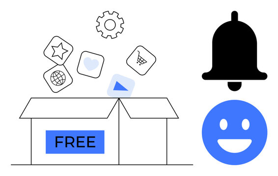 Open box labeled FREE with app icons, gear, notification bell, and happy face representing accessibility, updates, engagement, online services, technology, promotion and ideal for a simple landing