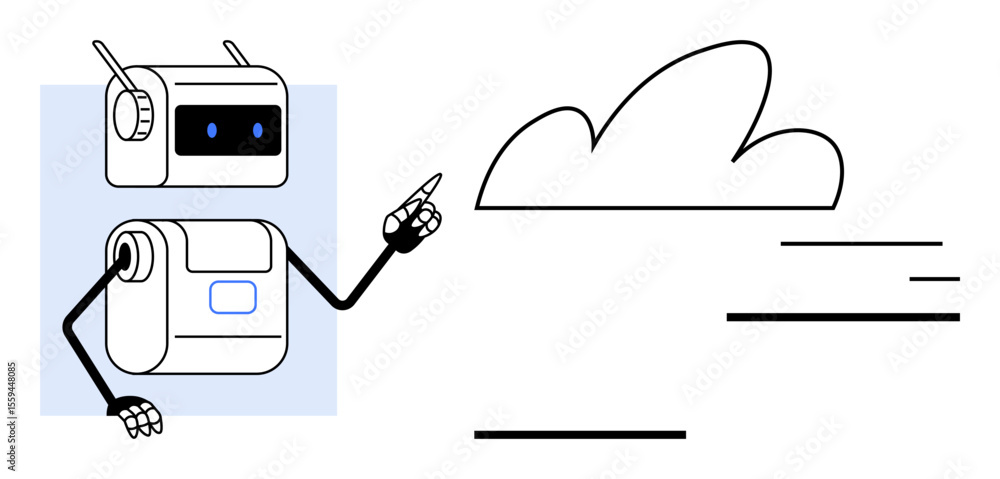 Poster robot with antennas and mechanical arms pointing at a cloud, surrounded by minimalist lines. ideal f