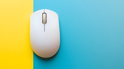 White Wireless Computer Mouse on Yellow and Blue Background