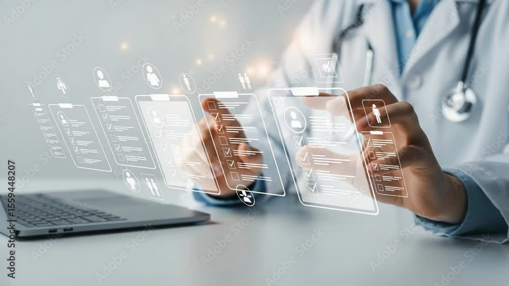 Poster doctor using digital interface with laptop displaying patient data and medical information online