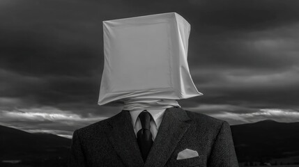 A person in a suit with a white bag covering their head stands against a dramatic, cloudy sky in a surreal, monochromatic scene.