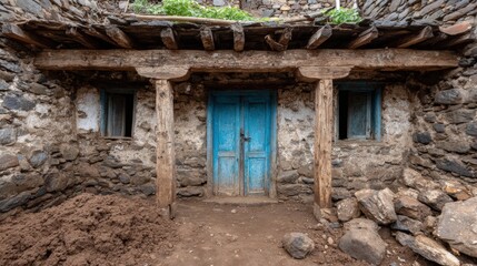 Rustic stone house facade with a weathered blue door, wooden beams, and small windows, surrounded by natural stone and soil.