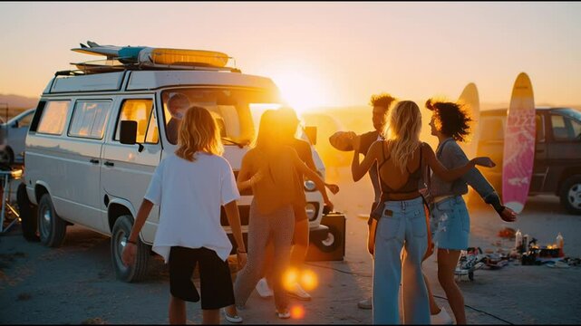 Group of friends enjoying sunset at beach with surfboards and van in warm atmosphere