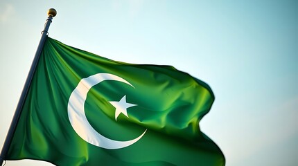 A pakistani flag, its vibrant green field punctuated by a crisp white crescent moon and star, waves gently in the breeze