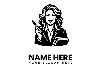 A smiling woman in a suit holds a pen and files, ready for business.