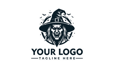 A stylized logo featuring a scary witch with a hat, surrounded by bats.