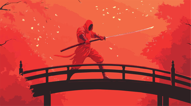 Red Ninja Sword Wooden Bridge