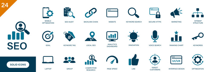 SEO icon. Containing search engine optimization, keywords, backlinks, content marketing, target customers, competitor research. Solid vector icons collection.